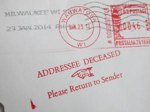Self-designed stamp for the return of mail to sender.